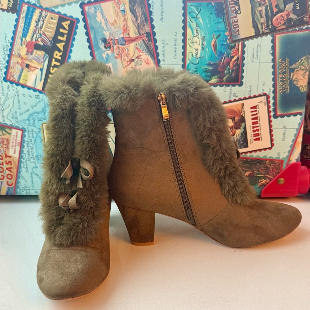 Lulu Hun collectif Brown/gray Fur-Trimmed Heeled Boots UK 8